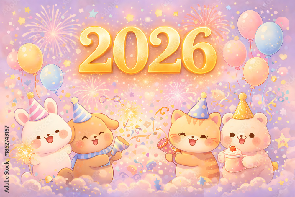 Fototapeta premium Cute cartoon baby and animal greeting card illustration with gifts and decorations for birthday or Christmas celebration