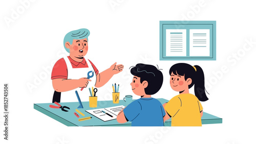 Children engaged in a creative art and craft class with a teacher instructing them