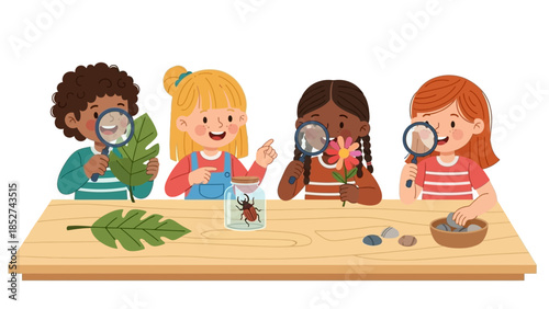 Diverse young children actively explore nature's details with magnifying glasses, observing leaves, insects, and stones, fostering curiosity and early scientific discovery