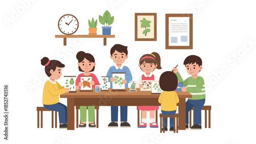 Children and a teacher engaged in a nature study and botanical art project, learning about plants and creating artwork with pressed leaves in a classroom