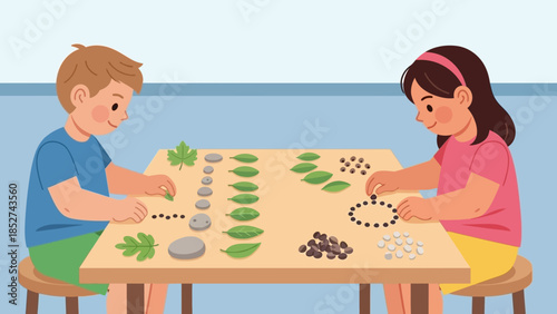 Children engaging in educational activities, sorting leaves and pebbles on a table to develop fine motor skills and early math concepts