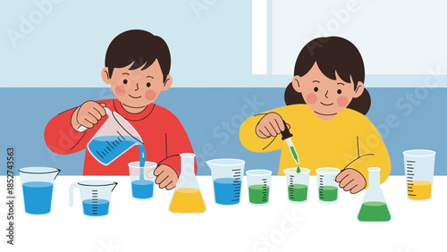 Children engaging in a science experiment with colorful liquids and measuring tools