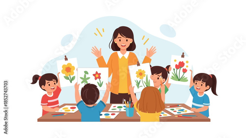 Joyful kindergarten art class with a happy female teacher and enthusiastic children proudly showcasing their colorful flower drawings, fostering creativity and learning