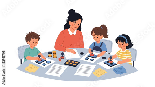 Children learning and having fun in a classroom activity with stamps and art supplies