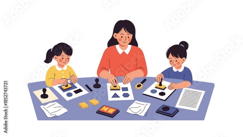 Teacher and students stamping shapes on paper during a fun art class activity, educational concept