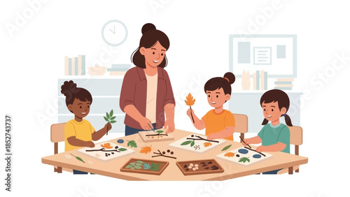 Dedicated teacher guiding young students in a hands-on nature craft project, fostering creativity and learning about natural elements in an engaging classroom setting