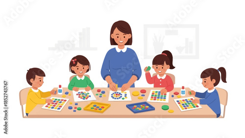 Children engaged in art class with teacher