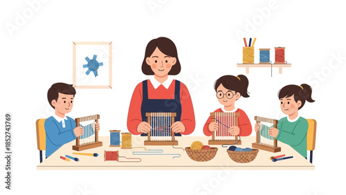 Group of smiling children and an adult instructor engaged in a fun weaving workshop, exploring fiber art and developing fine motor skills