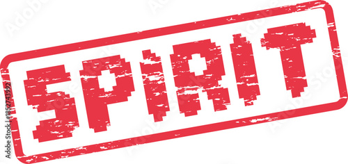 A vibrant red distressed rubber stamp featuring the prominent pixelated word SPIRIT