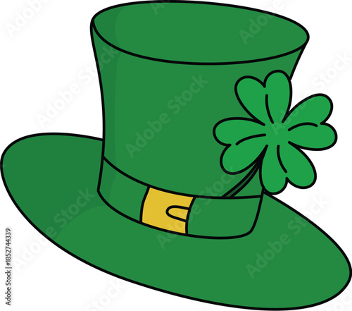 Green Leprechaun Top Hat with Shamrock and Gold Buckle Vector Illustration, St. Patrick's Day Irish Luck Concept Isolated on White
