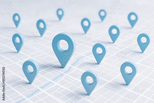 3D Map Location Pin Icons on City Grid Background; Navigation, GPS Tracking, Destination Points, Logistics, Real Estate Search, and Digital Connectivity Concept