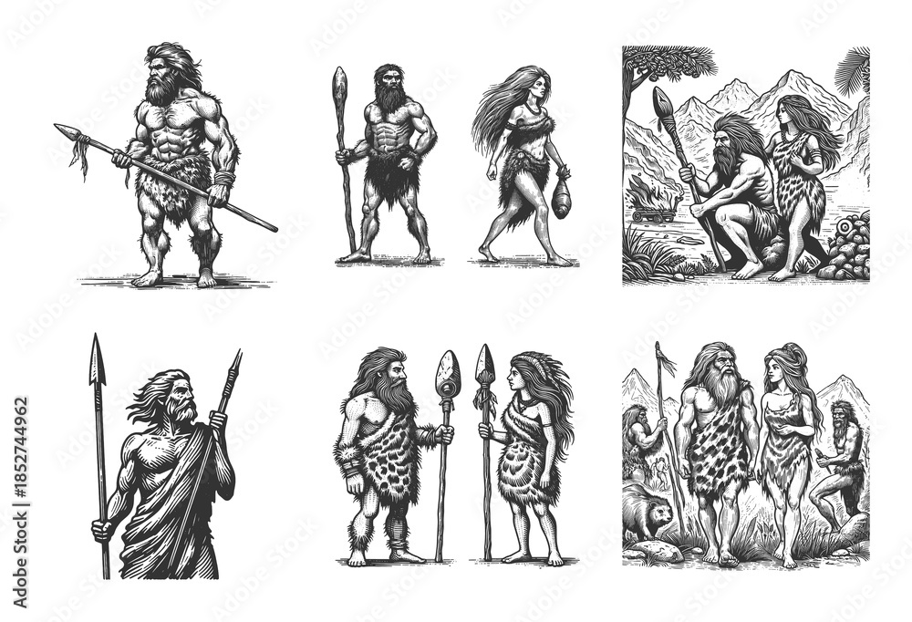 Fototapeta premium prehistoric men and women in tribal clothing, holding spears and living in nature Set collection bundle sketch engraving generative ai raster illustration. Scratch board imitation. Black and white.