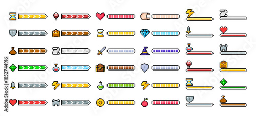 Big set progress game bar. 8-bit game process bars. Pixel loading game process status. Game indicators, game loader gauges.