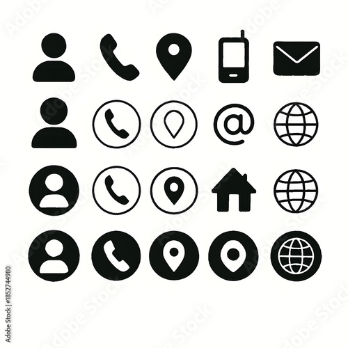 Contact Information Icon Set; Black Minimalist Business Card Symbols Including Phone, Email, Location Pin, User Profile, Website Globe, and Home Address Graphics