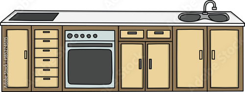 Modern wooden kitchen counter with integrated oven, stovetop, and double sink