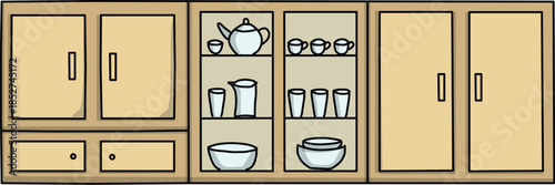 Modern wooden kitchen cabinet set with glass display shelves and dinnerware