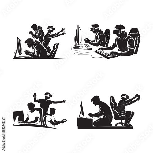 Black Color Modern Gamer Lifestyle Activity Silhouette Vector Illustration, Solid White Background.