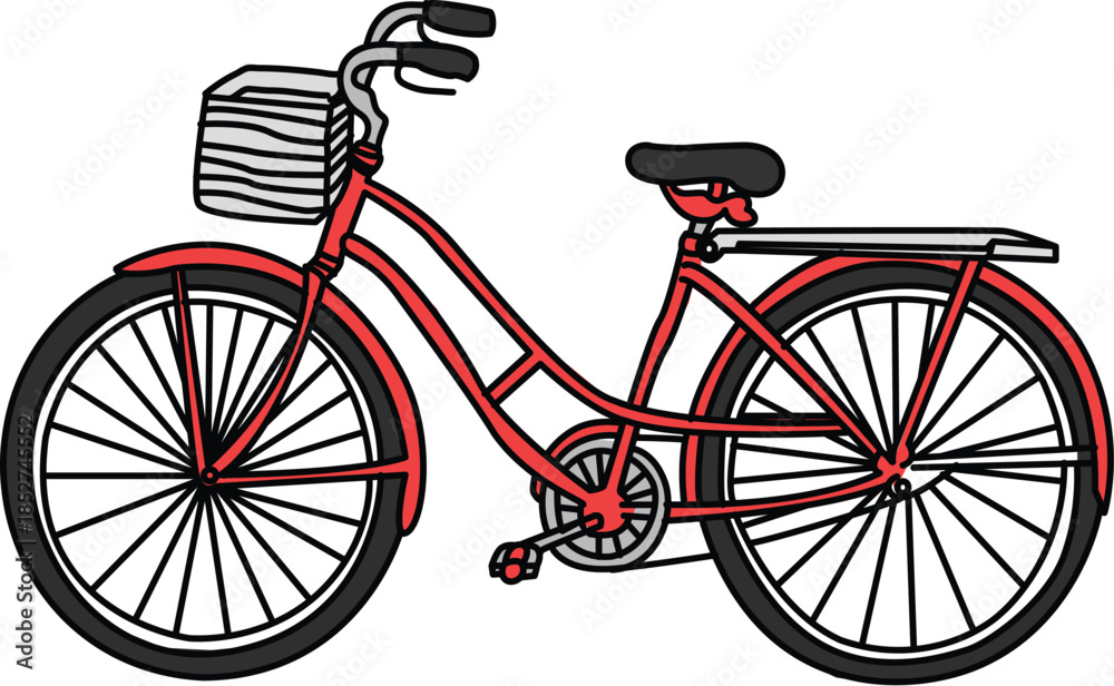 Fototapeta premium red Vintage City Bicycle Vector Illustration, Classic Dutch Style Bike with Front Basket Isolated on White