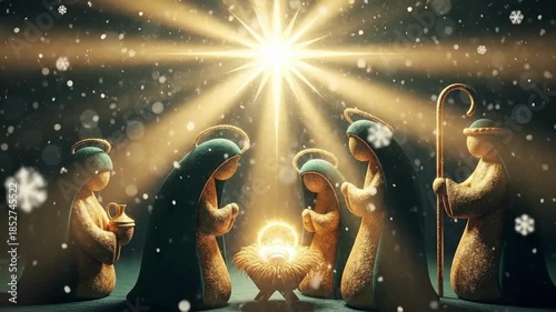 Nativity scene with Joseph, Mary, and shepherds adoring baby Jesus under a bright star in snowy night. Christmas story.