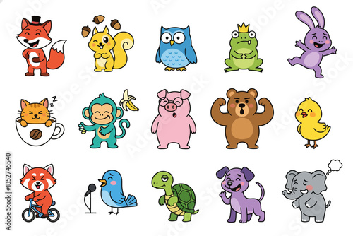 Playful Cartoon Animals Displayed in Colorful Illustrations for Fun and Entertainment