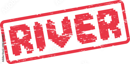 A vibrant red pixelated grunge stamp powerfully presents the natural flowing word River