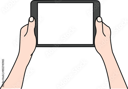 Hands holding digital tablet with blank white screen isolated on white background