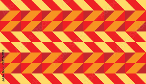 Seamless geometric chevron pattern with bold red and yellow diagonal shapes. Modern seamless pattern featuring angular red and yellow geometry.