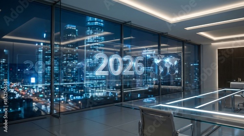 Modern office overlooking 2026 cityscape