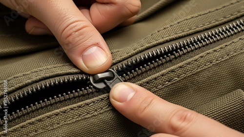 Close-up of hand securing zipper on olive drab canvas material