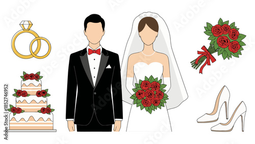 Wedding icons depicting a bride, groom, cake, rings, shoes, and bouquets, perfect for invitations and decorations