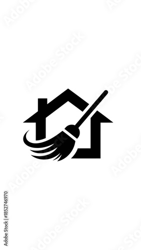 Broom and House Icon Symbol Logo.
