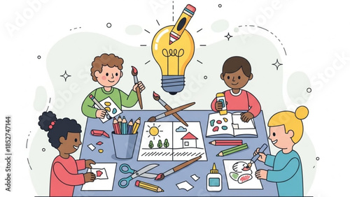 Four diverse children engaged in creative activities at a table with art supplies and a lightbulb idea