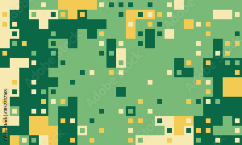 Abstract pixel art background.  Earthy green, yellow, and beige squares create a dynamic, modern texture. Ideal for websites, presentations, or any design needing a retro, digital feel.