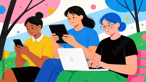 Three women using devices in park