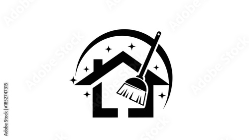 Clean House Symbol with Broom and Sparkles.