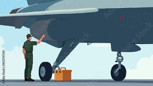 Military Aviation Engineer Inspecting Aircraft Weapon Mount System – Vector Illustration