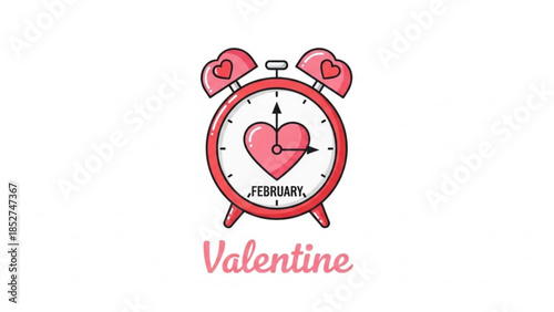 Valentine's day alarm clock with heart shaped hands and bells on white background