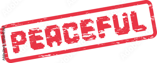 Grungy red peaceful word in a rectangular rubber stamp with distressed texture effect