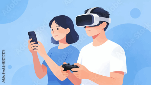 Two people using VR and phone