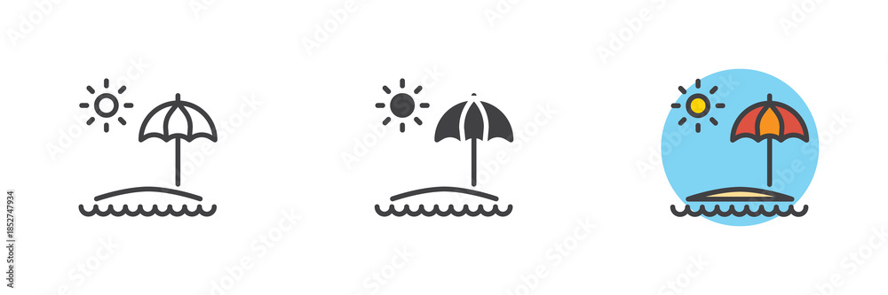 Fototapeta premium Beach umbrella line, solid and colorful icon set pack