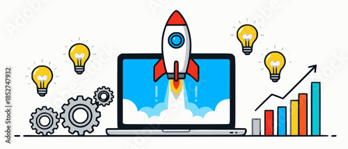 Startup Launch Concept: Flat Vector Illustration of Rocket Launching from Laptop with Business Growth Charts, Idea Lightbulb, and Innovation Gears on White Background