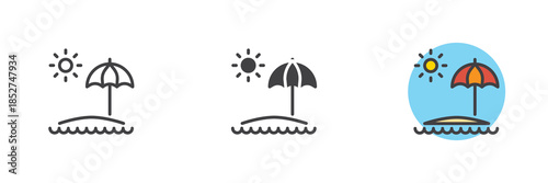 Beach umbrella line, solid and colorful icon set pack