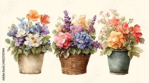 Wallpaper Mural retro style watercolor painting luxury bouquet of gentle pink roses in wicker basket isolated on white background for design of postcard, invitation and greeting card Torontodigital.ca