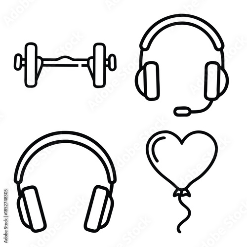 Gym Workout Barbell, Customer Support Headset with Mic, Wireless Music Headphones, and Heart Shaped Balloon Outline Icons Set
