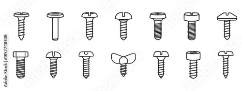  black outline screw and fastener icons set , minimal industrial tool illustration for construction and repair, concept of hardware variety and engineering design
