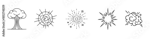 Black line explosion and impact effect icons with burst star cloud and shock shapes arranged horizontally, dynamic comic style illustration expressing motion and energy, concept of action sound 