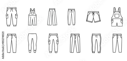  outline icons of pants shorts overalls and trousers in multiple styles displayed in rows, minimal fashion garment illustration showing casual clothing variety, concept of apparel design and wardrobe 