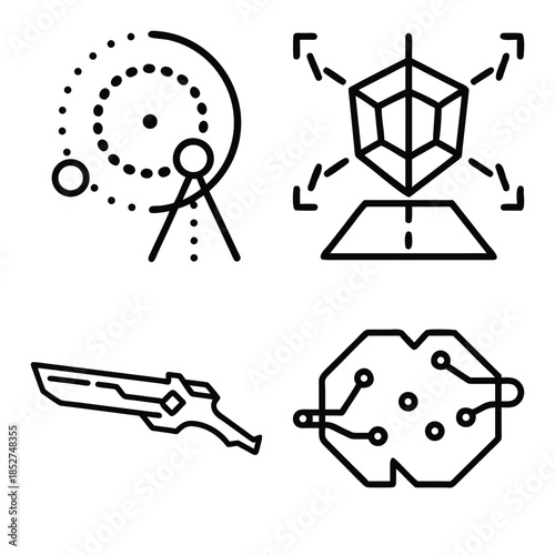 Abstract Planetary Orbit System, 3D Hexagonal Cube Projection, Sci-Fi Cyberpunk Blade, and Artificial Intelligence Circuit Brain Outline Icons Set