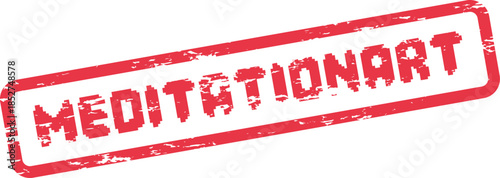 A distressed red rubber stamp impression clearly displays the combined word MEDITATIONART in pixelated font