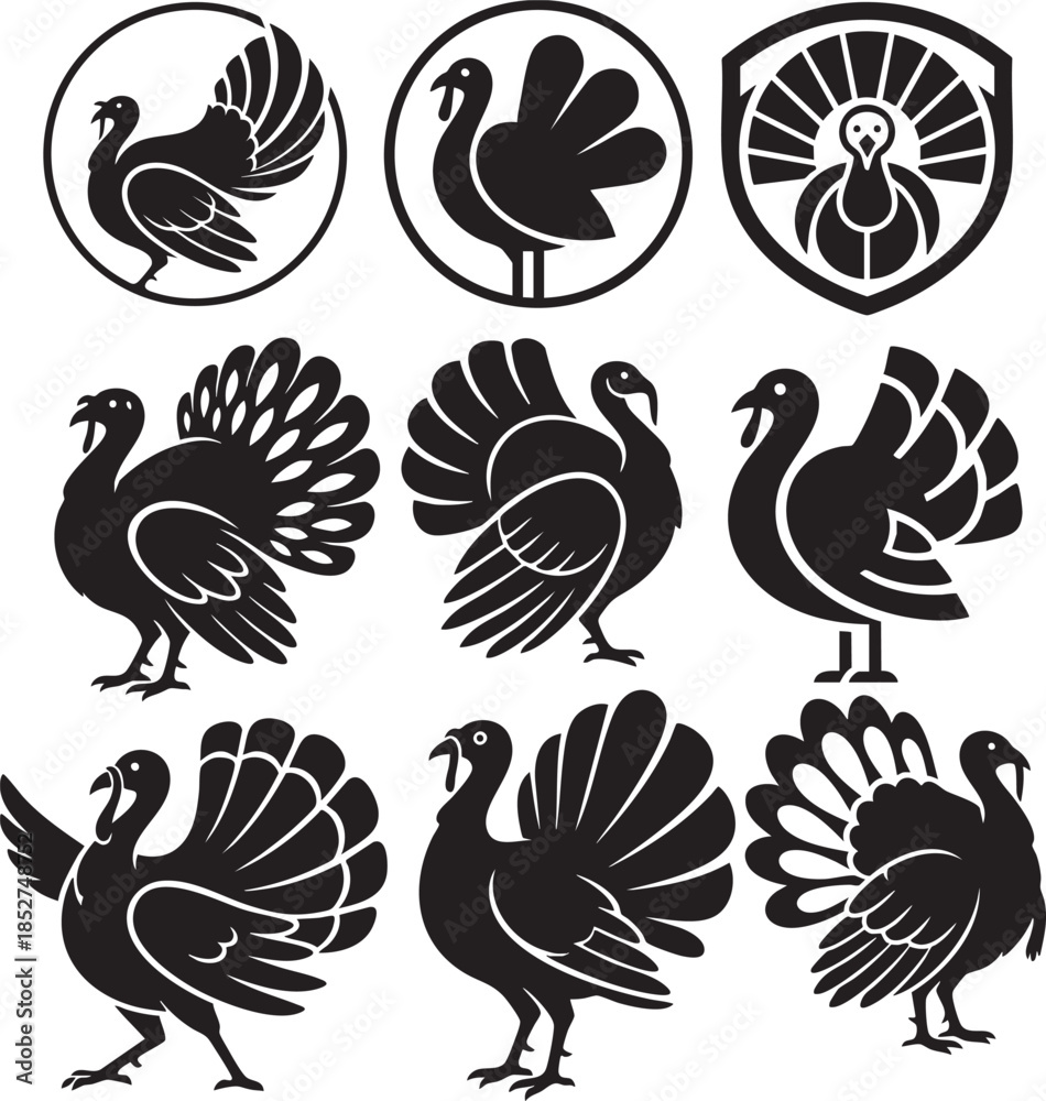 Fototapeta premium Turkey silhouettes with badge and emblem icons set, Thanksgiving bird logo collection